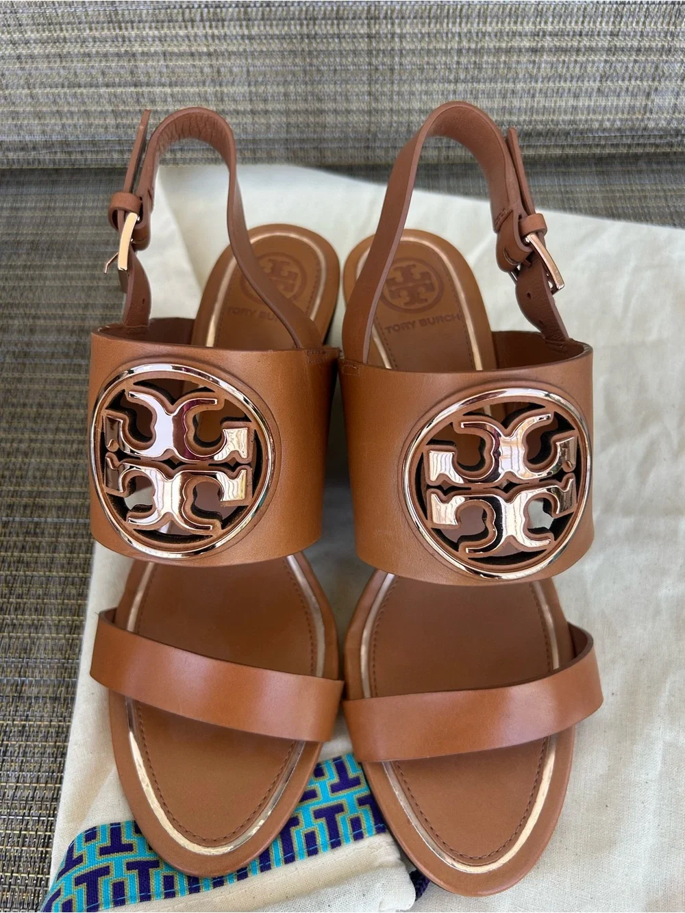 Auth NEW Tory Burch Sz 6 Metal miller Wedge heels tan brown 65mm Leather Sandals
